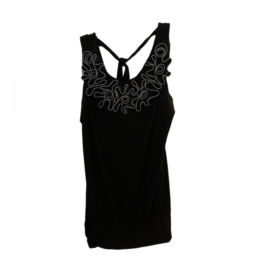 Charming Charlie black tank with silver zipper detailing ties in the back